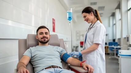 Blood donation donor day clinic nurse support and healthcare care for patient medical chair, arm bandage, blue gloves, calm smile and hope bright room