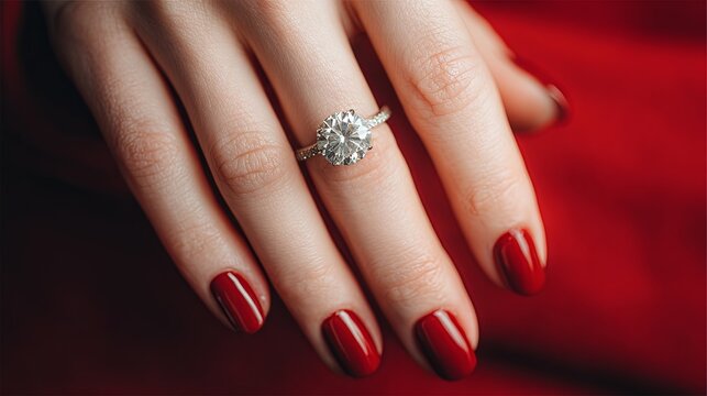 A diamond ring on a woman's fragile hand during a marriage proposal