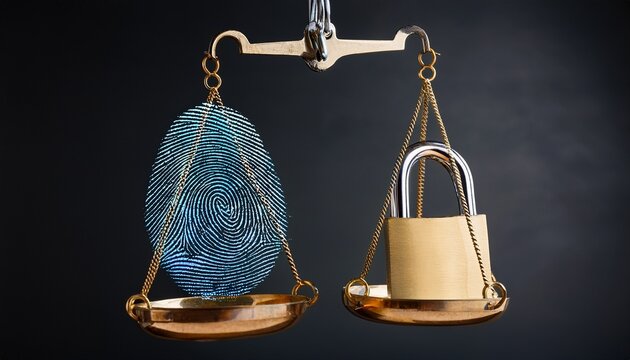 digital security in balance a digital fingerprint is weighed against two padlocks on a vintage scale a balance between security and access