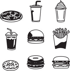 Delicious fast food icon black and white icons burger, pizza, sandwiches, fries, drink and each other icons set  
