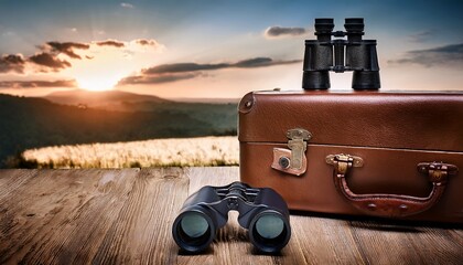 vintage suitcase and modern binoculars on wooden surface adventure theme