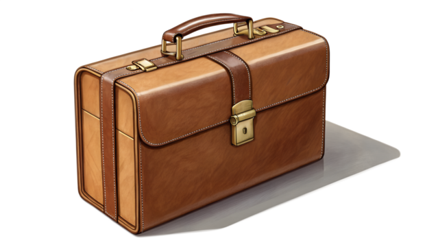Closed leather briefcase, isolated on transparent background, smooth texture and subtle shadow.