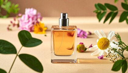 Perfume bottle amidst flowers, sunlight, and greenery on a soft beige backdrop creating a natural, fragrant scene