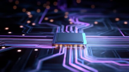 AI microchip on glowing circuit board. Futuristic computing, neural networks, digital technology, data processing concept. - Powered by Adobe