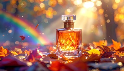 Perfume bottle on autumn leaves, sun rays and a rainbow in the backdrop, capturing a serene and elegant scene