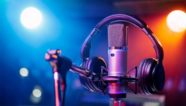 studio microphone with headphones close up shot in colorful stage lighting for podcast or music recording