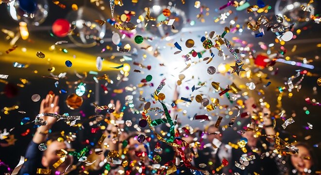 A vibrant celebration with confetti and lights, capturing the joy of a party.