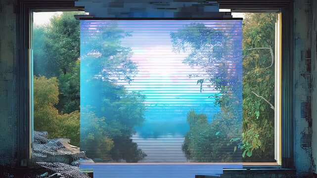 Glitch altering nature view in a derelict room