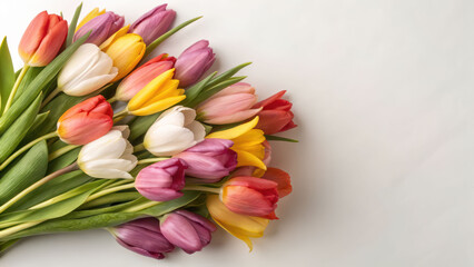 Open tulip bouquet with colorful petals rests gently on white background, soft light and fresh mood elevate spring charm and floral elegance