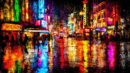 Naklejka premium Modern painted cityscape with glowing neon reflections on wet streets in vibrant impressionist urban scene