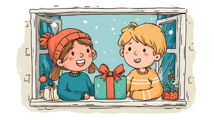 Happy Child Presenting Gift in Window - Vector Illustration with Outline Isolated on White Background