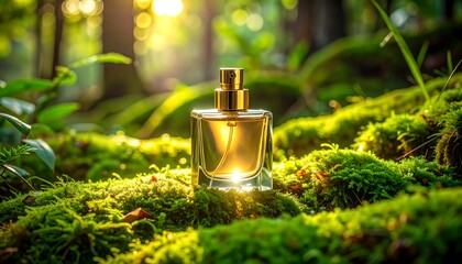 Perfume bottle sits on vibrant moss in a forest setting, bathed in golden sunlight