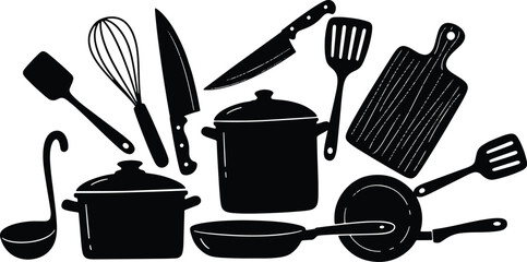 Kitchen utensil set black silhouette vector illustration with cooking theme