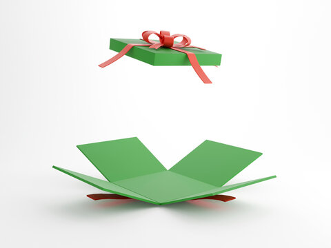 Green gift box with red ribbon over white background. Happy birthday, Merry Christmas, New Year concept. 3D rendering illustrations.