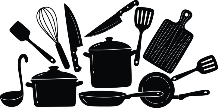 Kitchen utensil set black silhouette vector illustration with cooking theme
