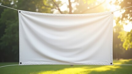 Blank white banner hanging outdoors in park, perfect for advertising your brand or event in nature