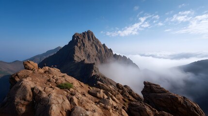 Fototapeta premium Hikers traverse a rugged mountain ridge with dramatic peaks shrouded in fog under a clear blue sky