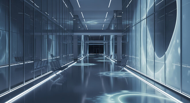 A futuristic hallway with glass walls and glowing lights, creating a sense of advanced technology and modern design. - Powered by Adobe