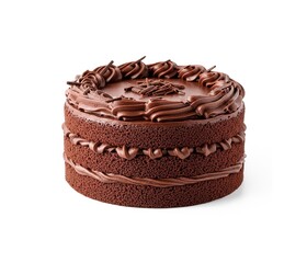 Decadent triple chocolate layer cake with rich frosting and shavings on white background