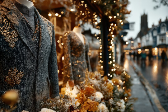 Vitrine de magasin de vêtements décorée pour Noël avec mannequins et guirlandes lumineuses, ambiance festive et élégante en centre-ville