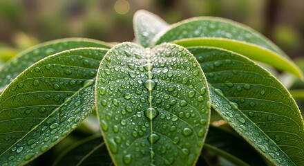 Close up of green leaves with water droplets.