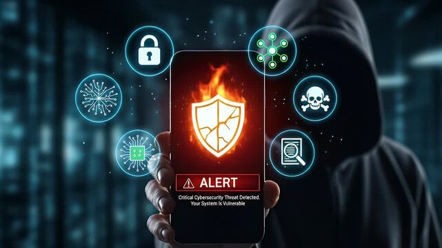 Hacker showing mobile malware alert on phone