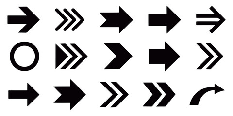 Bold directional arrow symbol set with modern geometric navigation icons, curved and straight pointer shapes, abstract guide element collection for map and digital interface designs