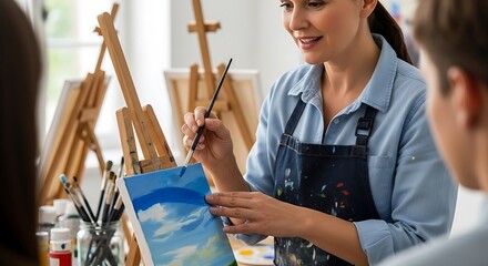 Art Class Painting Lesson with Instructor Guiding Students.