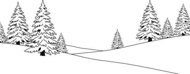 Snowy winter landscape with evergreen trees and a light blue mountain backdrop