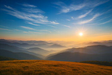 Fototapeta premium Golden Horizon: The sun ascends over rolling mountain ranges, casting a warm glow across a landscape of majestic natural beauty. The sky and the earth form a picturesque scene.