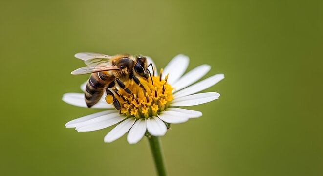 Close-up of a bee collecting nectar from a white daisy flower in a garden.