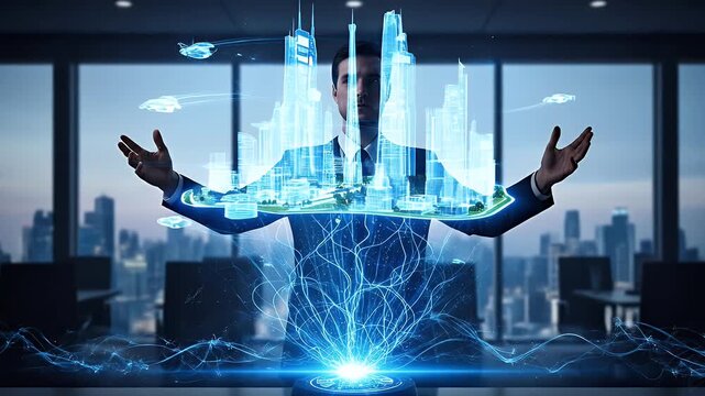 Businessman analyzing digital twin real estate hologram