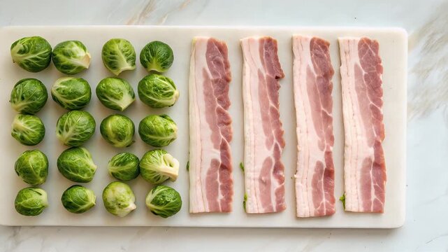 Brussel sprouts bacon white cutting board, fresh green vegetable rows beside raw pork slices, minimal top view composition calm mood, raw ingredient
