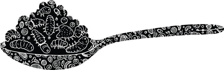 Spoon filled with doodle style worms and abstract shapes design