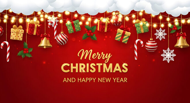 Festive merry christmas and happy new year greeting with hanging ornaments and lights on red background