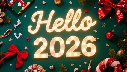 Bright and Festive New Year Celebration with Decorative Elements hello 2026