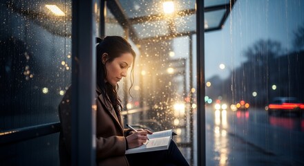 Woman sitting at a bus stop writing in a notebook on a rainy evening, with blurred city lights in the background.