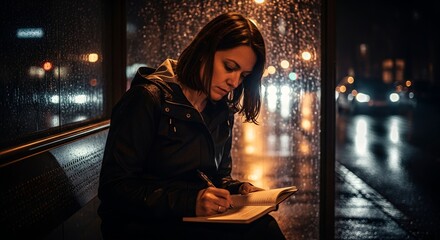 A woman sits at a bus stop at night, writing in a notebook, with rain on the glass behind her.