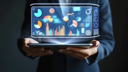 A businessperson holds a tablet displaying holographic business graphs and charts. - Powered by Adobe