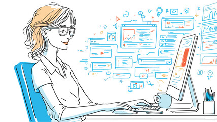 Female Developer Creating Software Application with Vector Outlines