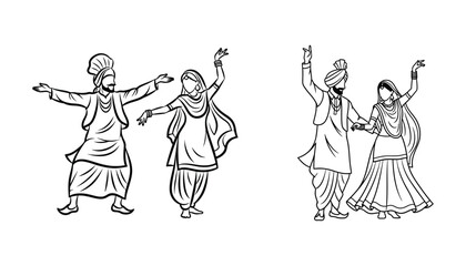 A set of Punjabi tradition dance outlines celebrating Indian festival Lohri.