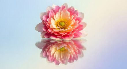 Beautiful pink dahlia flower bloom with reflection floral photography nature blossom petal close up shot 100