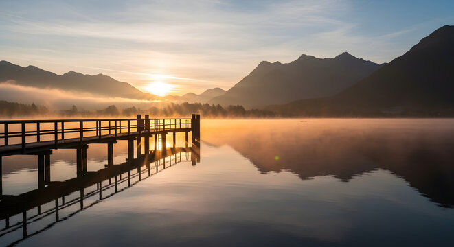 Wooden pier stretching into calm lake waters reflecting sunrise mountain backdrop tranquil scene peaceful morning scenic landscape idyllic setting of alpine lake