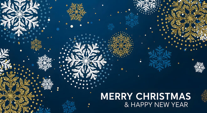 Festive merry christmas and happy new year greeting card with beautiful shimmering snowflakes on a dark blue background