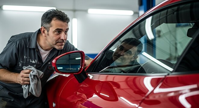 A mechanic carefully cleans the side mirror of a red car in a garage, ensuring a spotless finish.