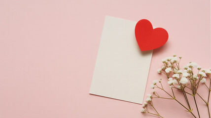 Blank card with a red heart and white gypsophila flowers on a pink background for valentines day