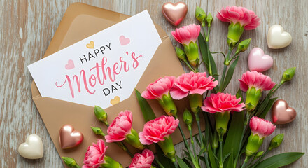 Pink carnation flowers and heart decorations with happy mothers day card on wooden background