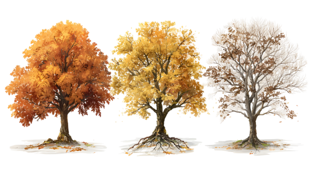 Seasonal transition of trees: autumn to winter with roots and foliage