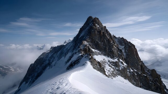 Majestic snow covered mountain peak with rugged rocky summit against a dramatic blue sky and soft clouds