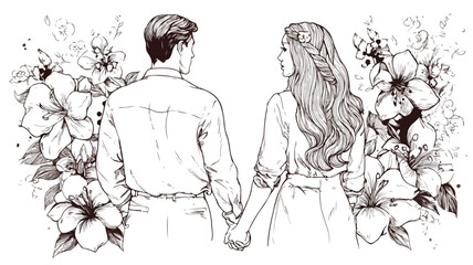 Romantic Couple Holding Hands Decorated with Flowers Vector Set